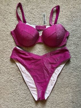 PINK Victoria's Secret Sparkle Magenta Push-Up Bikini Set